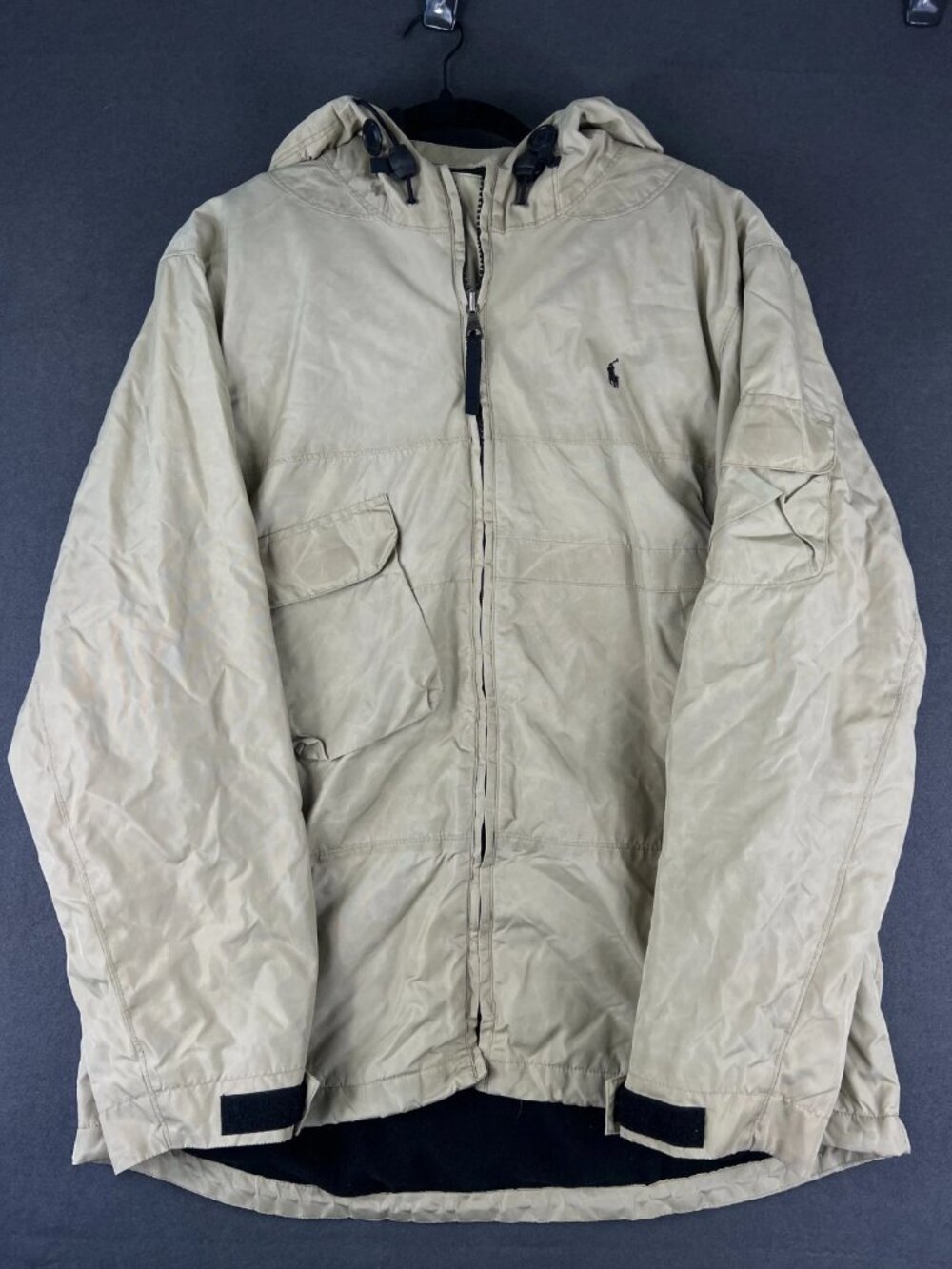 VTG Polo Ralph Lauren Mens Beige Utility Jacket Fleece Lined Hooded Gorpcore L